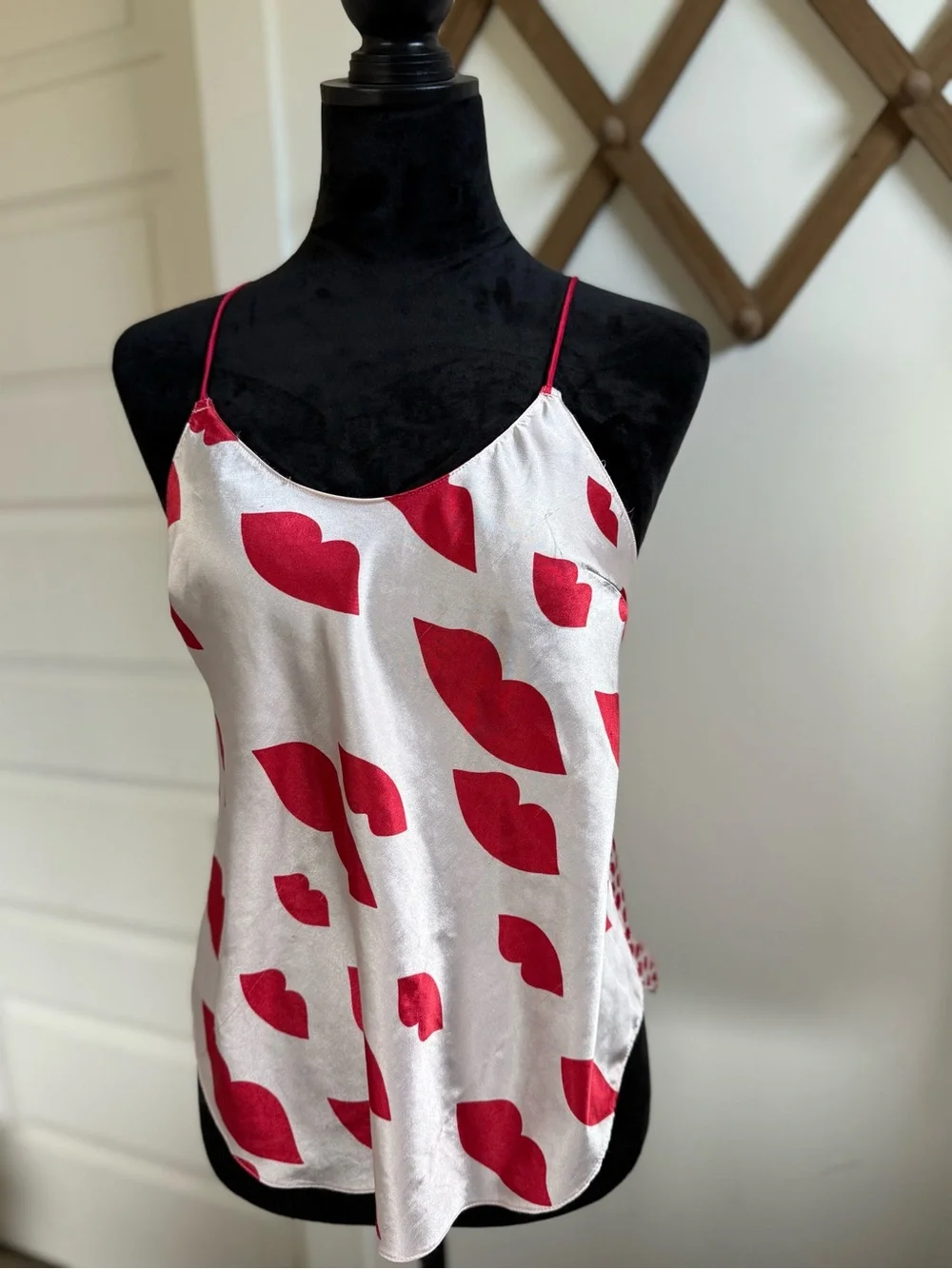 Victoria’s Secret Silky White & Red Lip-Print Satin Cami - Women Intimates